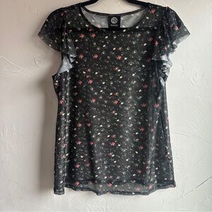 Bobeau Black Sheer Mesh Ruffle Sleeve Top Ditsy Floral Cottagecore Grunge Sz M